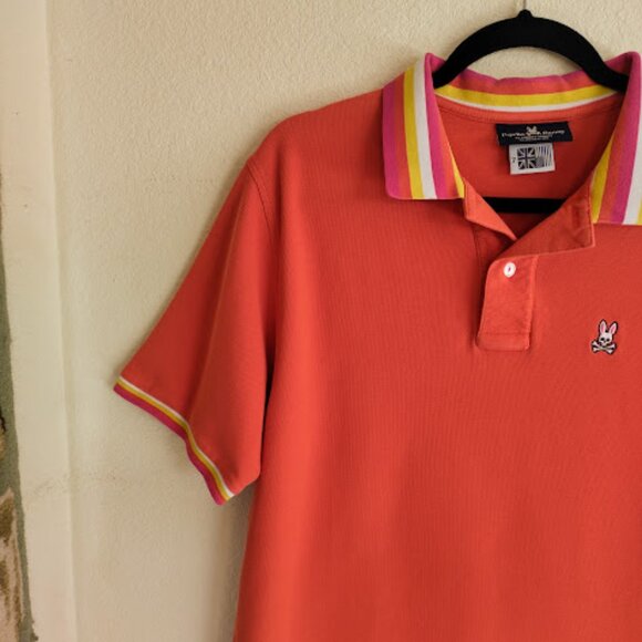 PSYCHO BUNNY | Coral Orange Pima Cotton Striped Collar Bunny Logo Preppy Polo XL - Picture 4 of 10